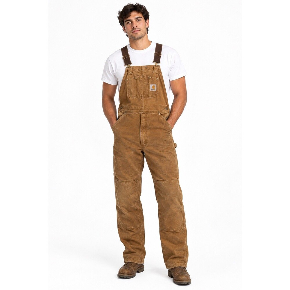 Carhartt Vintage Duck Bib Overalls Quilted Lined Tan Brown 34X34 USA Double Knee